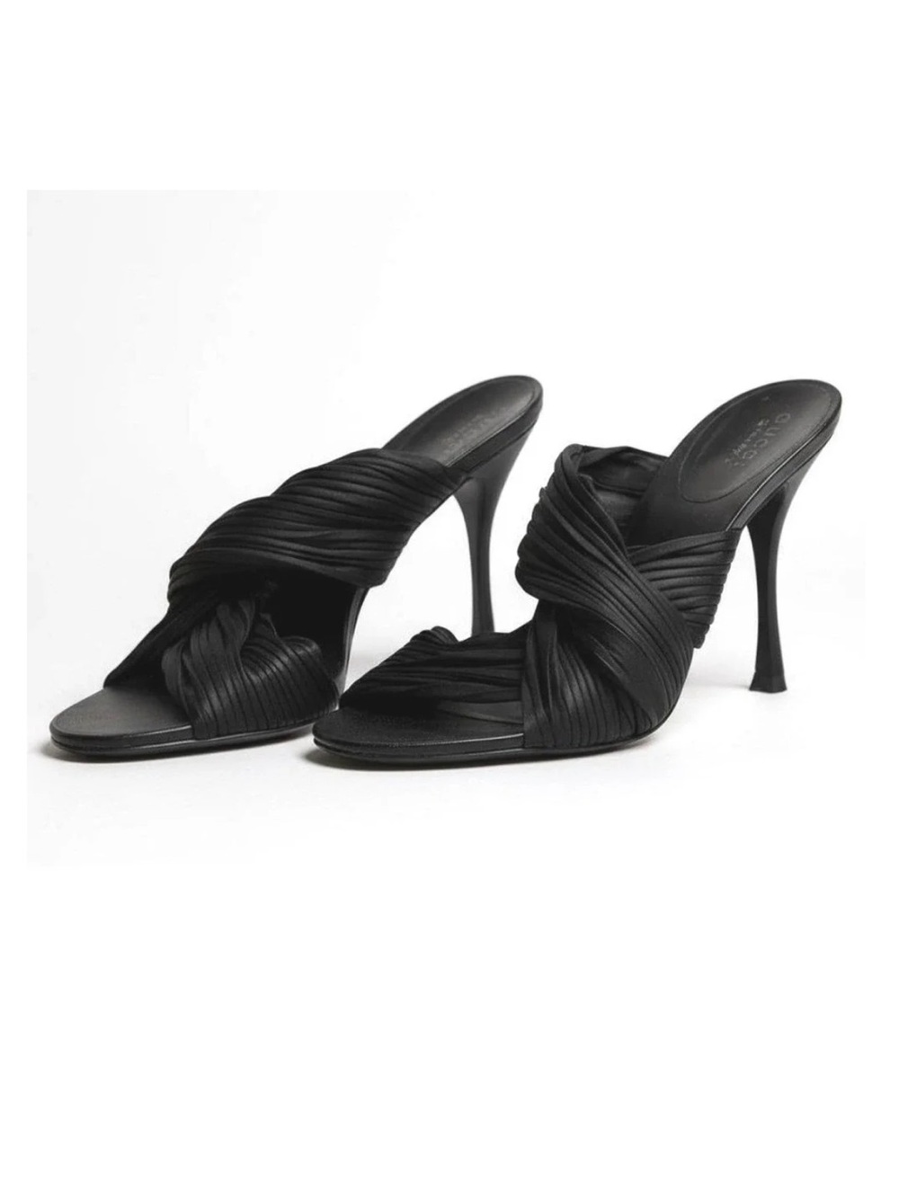 Gucci Black Satin Pleated Twist Mule Sandals Stiletto Heels Size 8.5
